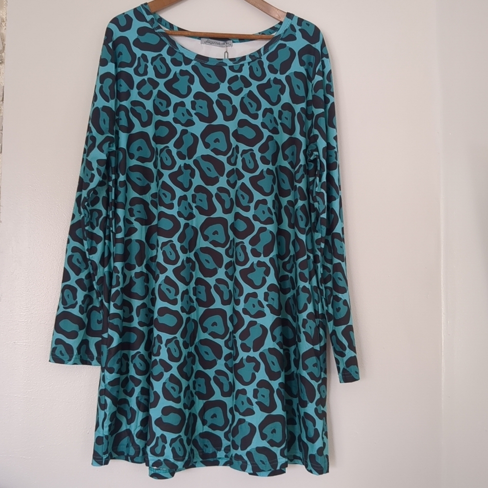 NWT Arianna Womens L/XL Blue Black Animal Print Dress Mob Wife Midi Long Sleeve